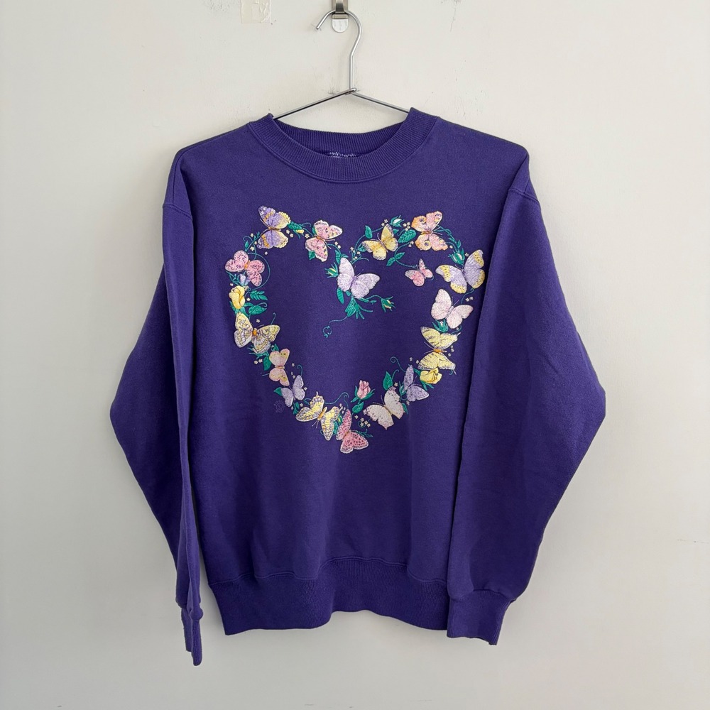Vintage Purple Butterfly Heart Graphic Sweatshirt Size Large 90s Cottagecore